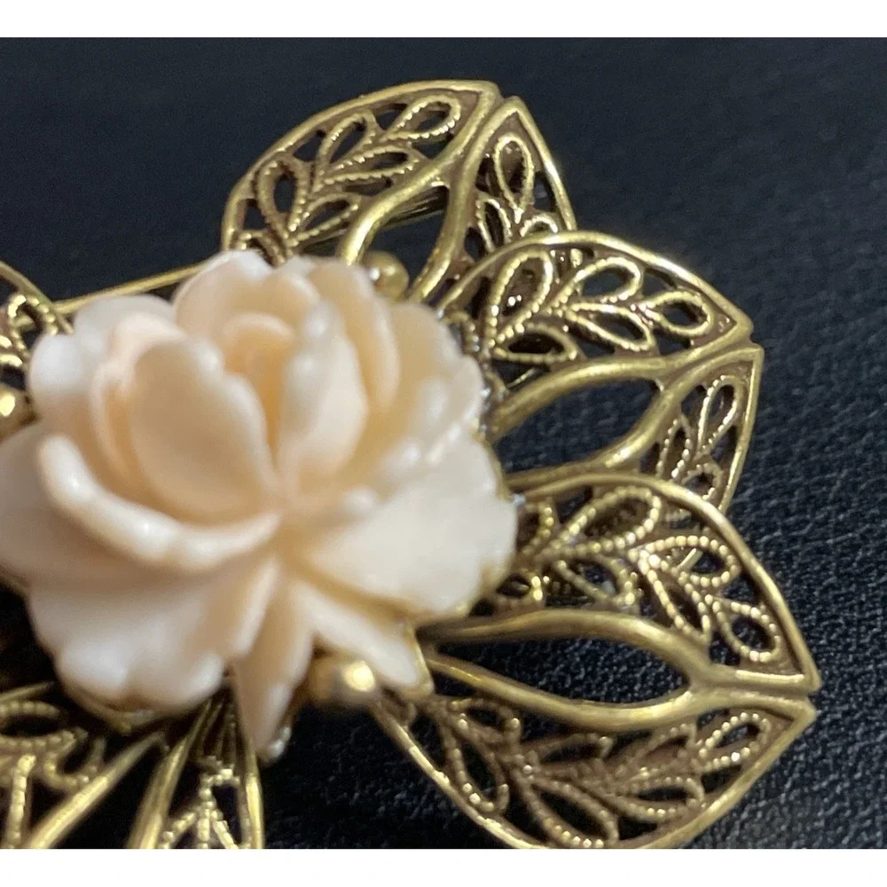 Vintage Filigree Bow Brooch Victorian Revival Gold Tone Peach Flower Pin Jewelry